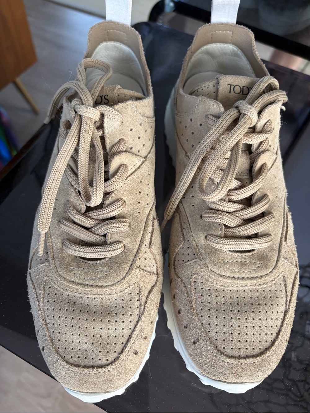 Tod's Beige Suede Perforated Lace-Up Sneakers